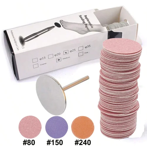 Imagen 2 del producto 100 unids/caja papel de lija colorido de 25mm con eje de Metal Lima de pie removedor de callos disco de papel de lija de repuesto 80 # 150 # 240 #