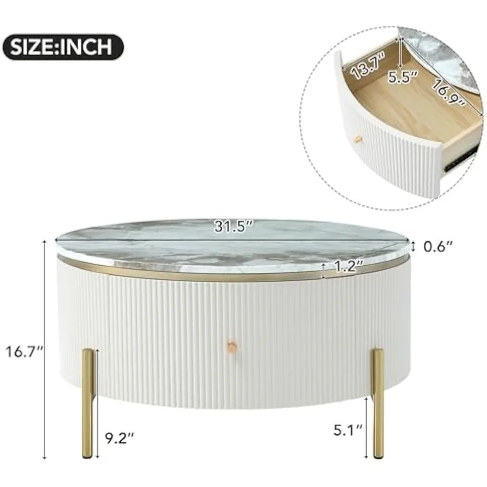 31.5 Round Coffee Table with 2 Large Drawers Storage Modern Exquisite Marble Pattern Golden Legs for Elegance Living Room, Whit