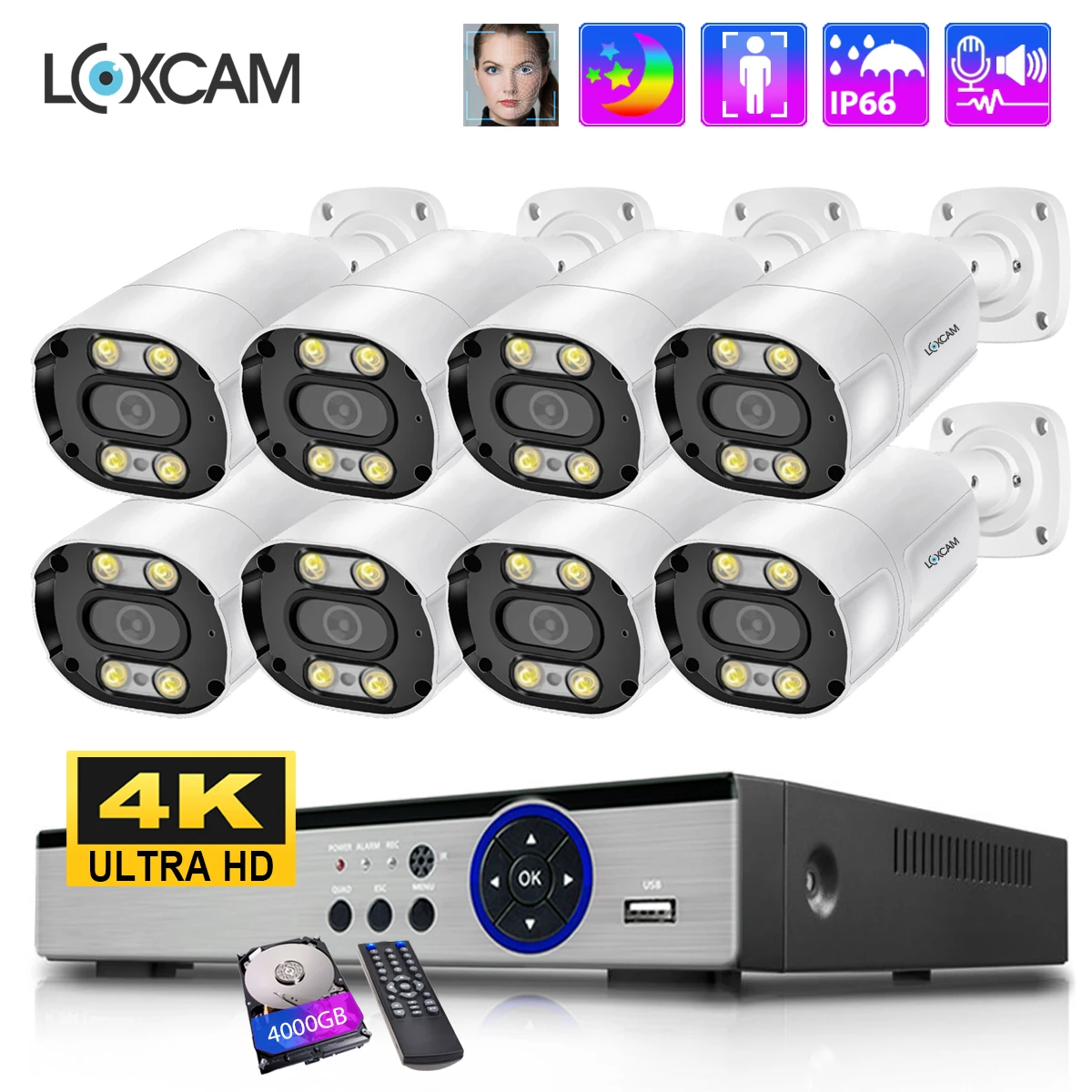 loxcam nvr security camera system kit ai face e human detect audio bidirecional ao ar livre conjunto de vigilancia por video 4k 10ch 8mp 4mp 01