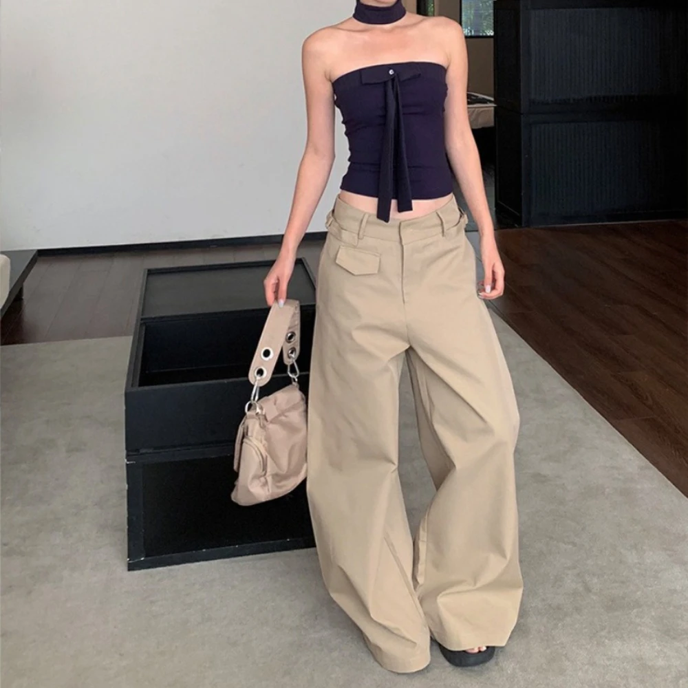 TWOTWINSTYLE Khakl Spliced Pocket Basics Trousers Female High Waist Loose Streetwear Women's Wide Leg Pants Summer Style Fashion