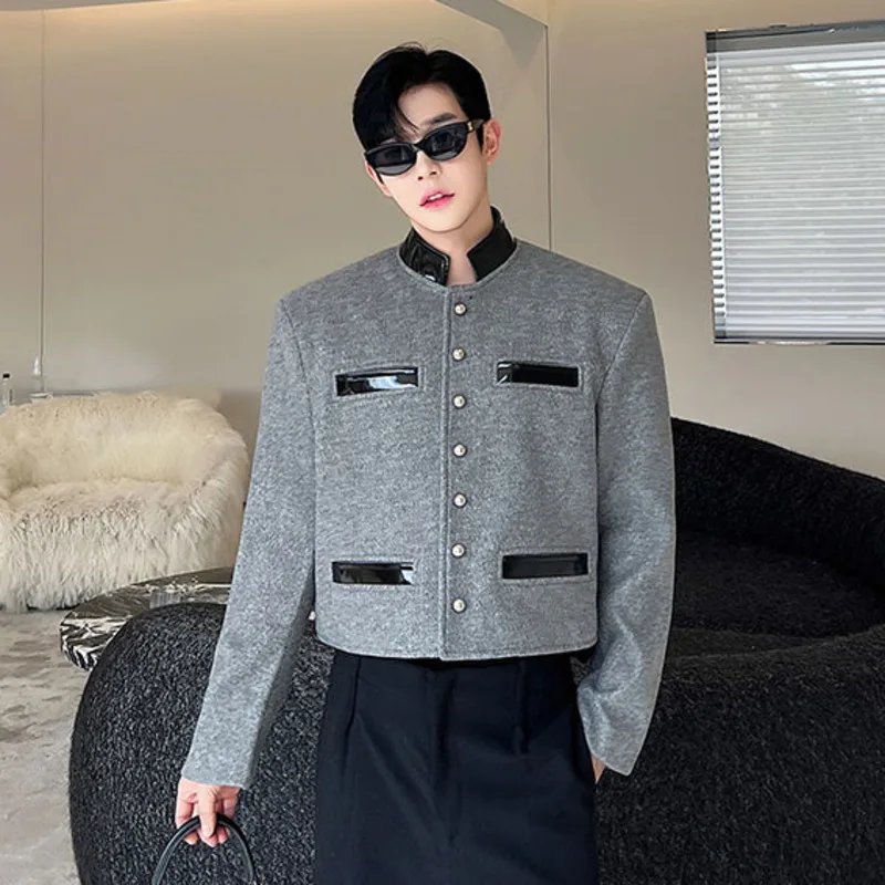 Vintage Men Jackets Woolen Patchwork PU Leather Stand Collar Button Long Sleeve Coats Fashion Temperament Casual Crop Outerwear