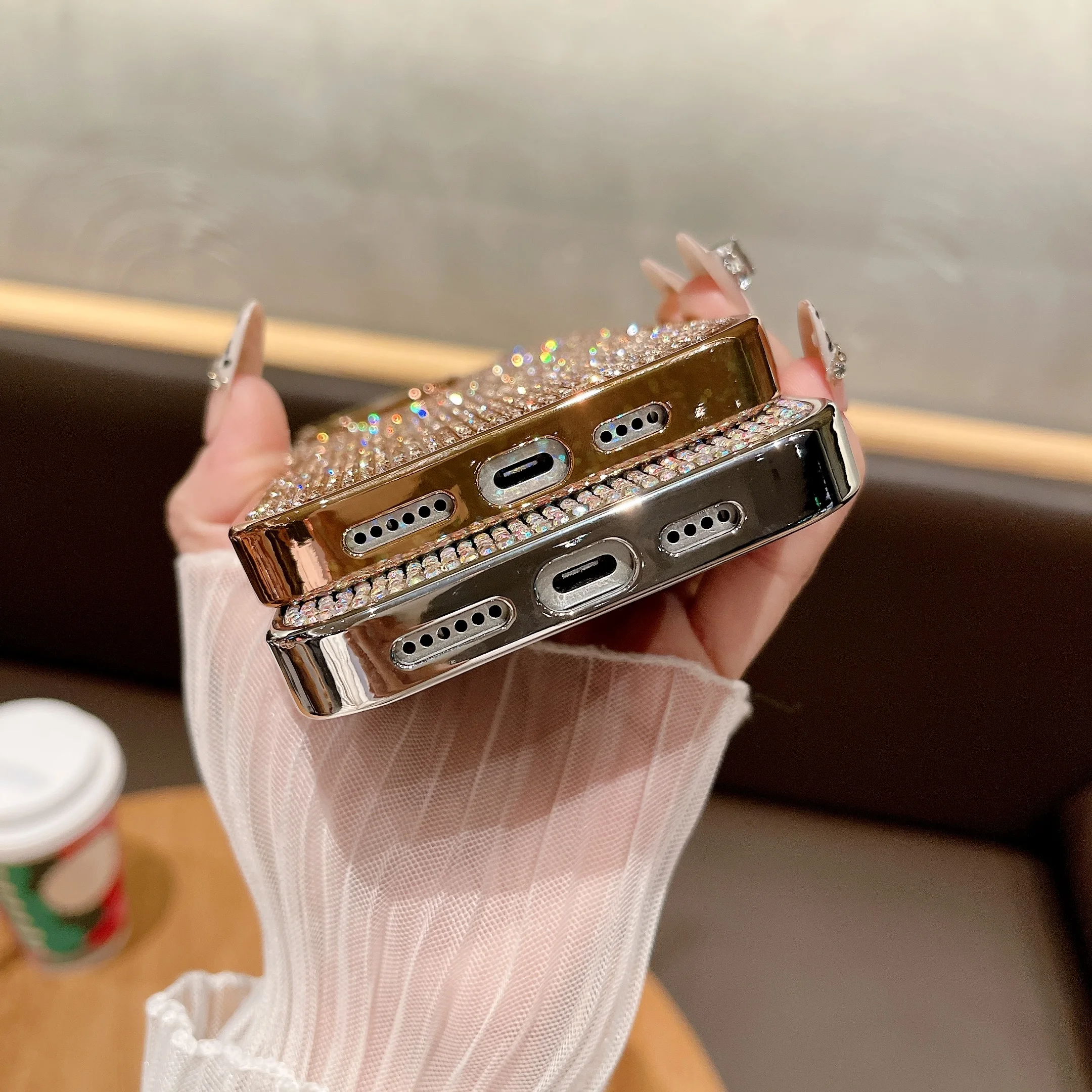 빛나는 INS 눈부신 전체 덮힌 지르콘 빛나는 광택 세련된 전화 케이스 iPhone 16 15 14 11 12 13 Pro Max Plus 뒷면 커버