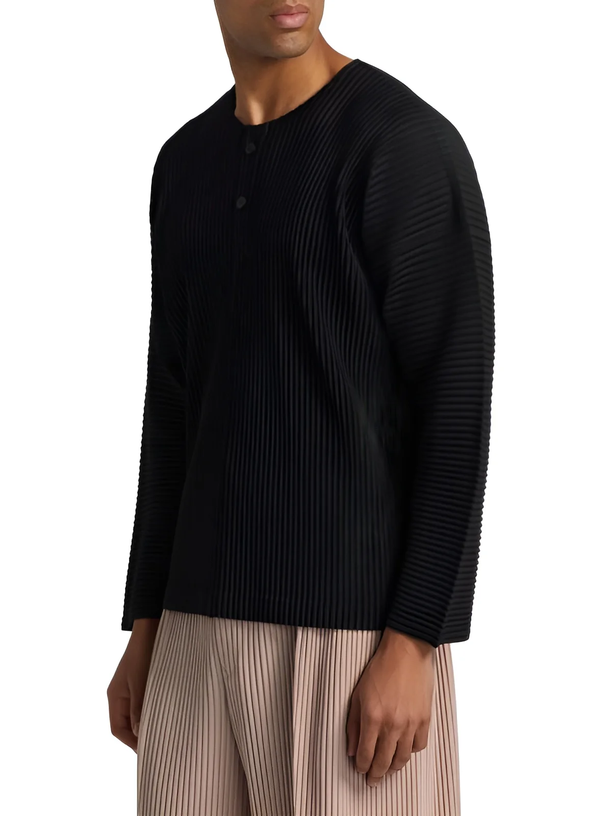 Miyake Herren-T-Shirt mit Falten, langärmelig, Henley-Ausschnitt, lässig, lockere Passform