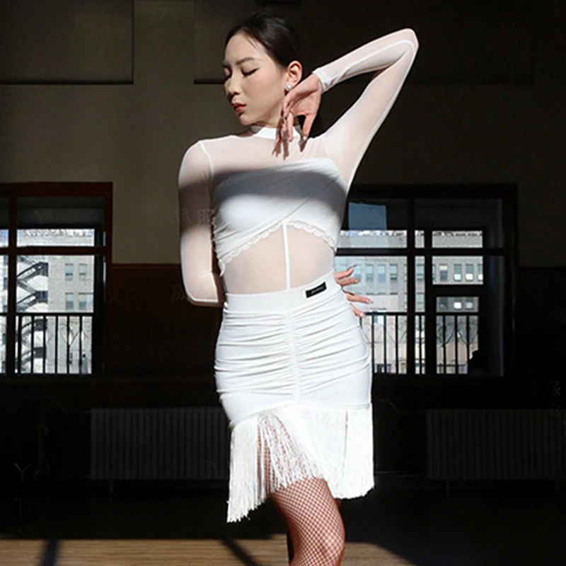 

Платье для латинских танцев, женское белое платье с длинными рукавами, юбка с бахромой, наряд для выступлений для взрослых, одежда для тренировок по сальсе и самбе 2511