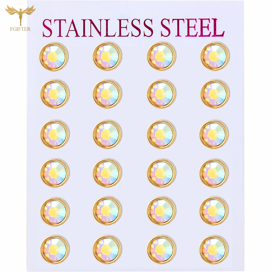 12 Pairs Lot Bright AB Zircon Crystal Earrings Golden Stainless Steel Ear Studs Minimalist Women Jewelry Wholesale Party Gifts