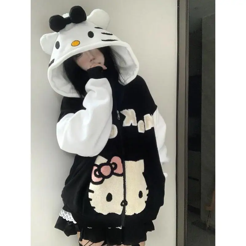 Cartoon Cute Hellokittys Anime Sweet Sherpa Hooded Sweatshirt Zipper Jacket Cartoon Cute Loose Warm Couple Fleece Sweater