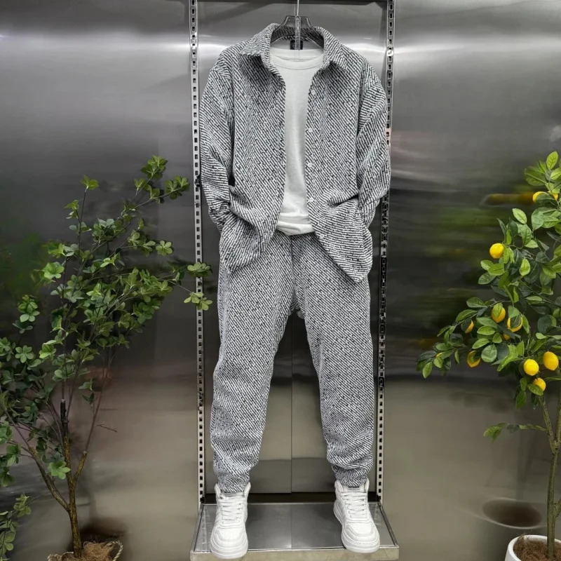 2pcs Spring and Autumn Fashion Casual Loose Shirt Set 2025 Men's Textured Top and Trousers Set