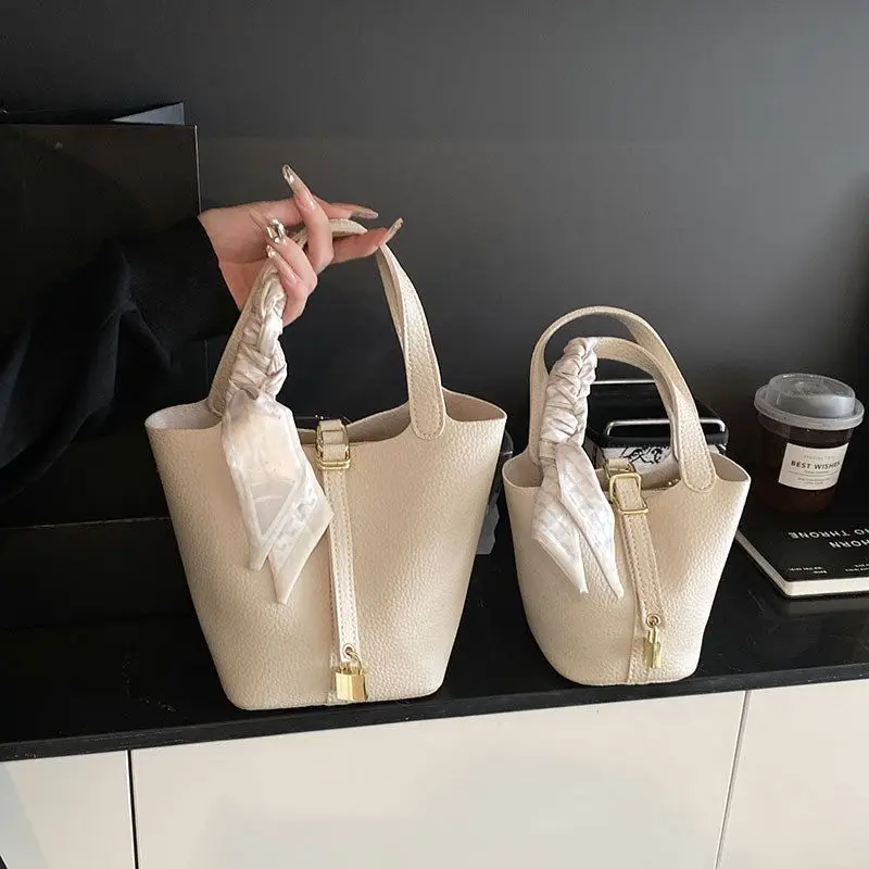 Litchi Pattern Basket Bag Shoulder Crossbody Simple Casual Small Popular Handheld Water Bucket Bag 2026 New Style Daily Use
