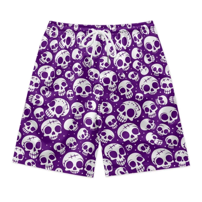 Mini Skulls Print Men's Drawstring Waist Polyester Purple Shorts Quick Dry Breathable Beach Shorts Casual Sport Shorts