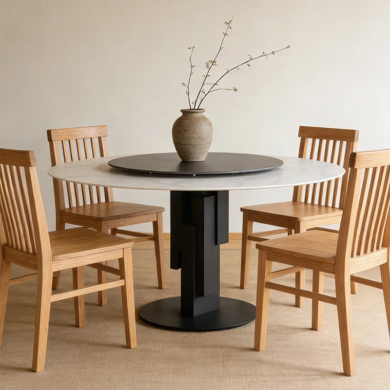 km-Italian Sintered Stone Round Dining Table Modern Minimalist with Lazy Susan Home Light Luxury Dining Table%