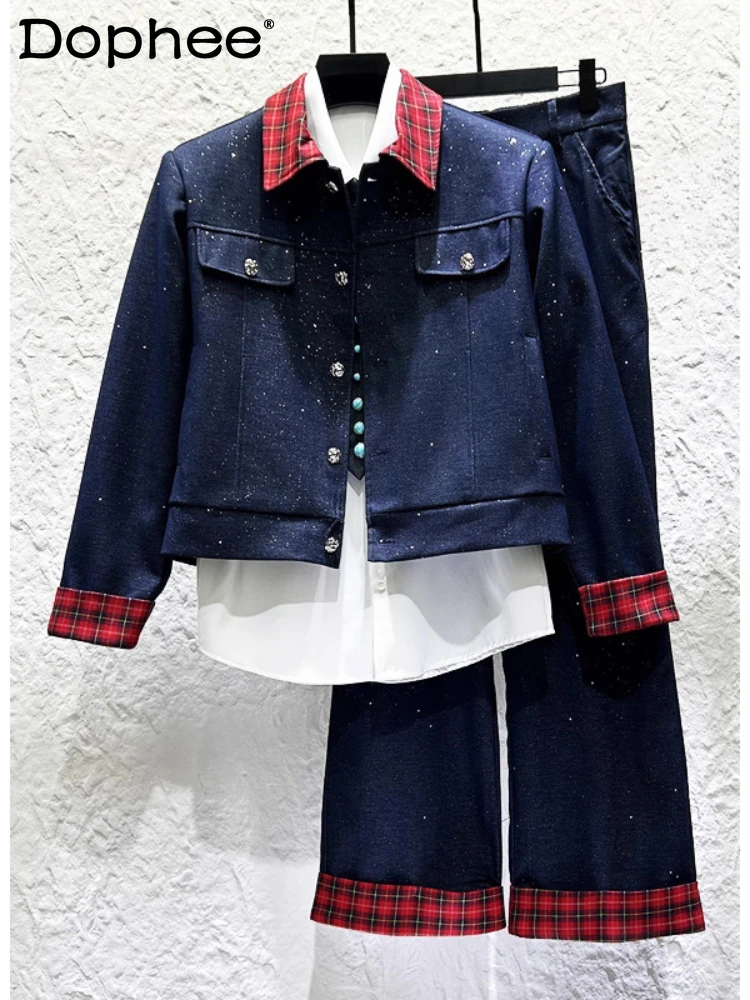

2025 Men's Autumn New Trendy 2pcs Long Sleeve Jacket Loose Long Pants Sets High-End Light Luxury Retro Plaid Fashion Chic Sets