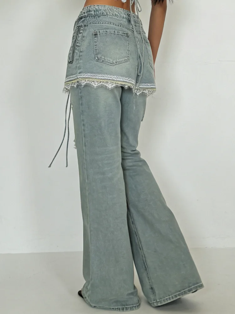 PBAP Wrap Skirt Woman Baggy Jeans Lace Trim Vintage Washed Fake Two-piece Pockets High Waist Straight Pants Korean Retro Clothes