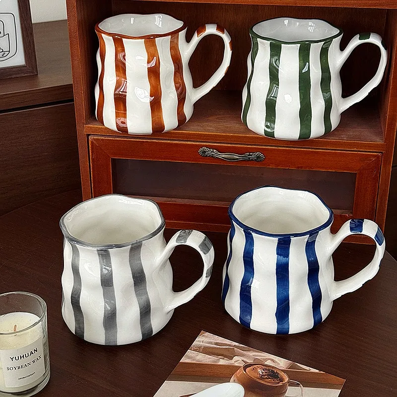 

Vintage Vertical Lines Irregular Texture Ceramic Mug Cute High Appearance Breakfast Coffee Cup For Home Porcelain Gift Drinkware