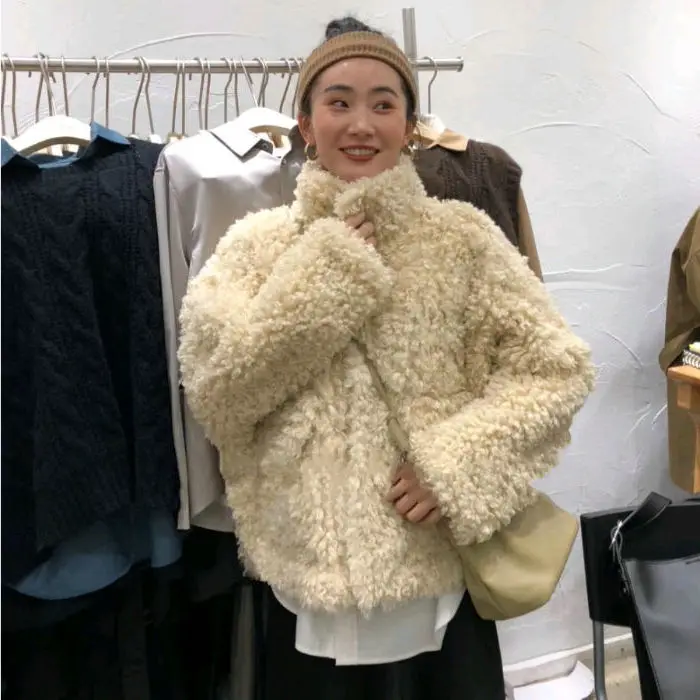 Korean Sle ort Thiened Lamb Fur Jaet Stand Collar Inteated Leather And Fur Women's Plu Coat Autumn Winter Outerwear