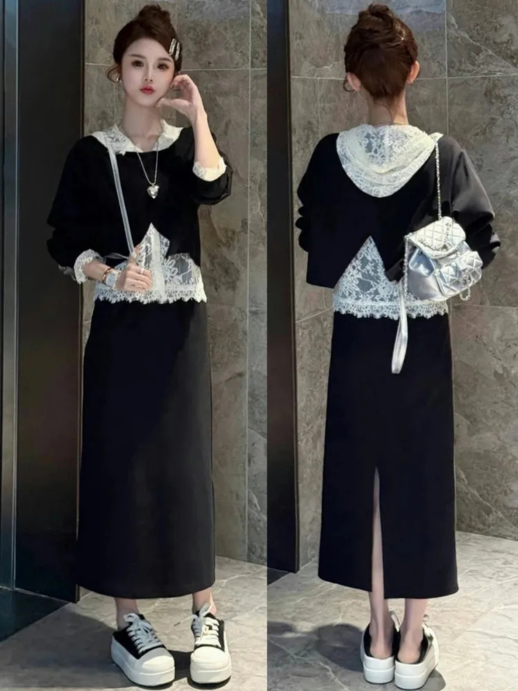 

Faionable Lace Trim Split Hem Hoodie And Skirt Two Piece Set for Women Ele Spring Look Long Sve Zipper Closure