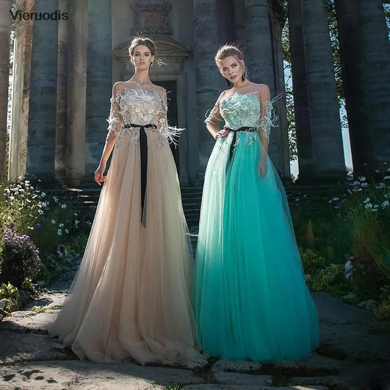 

A-Line Feather Evening Dress A-Line Long Sleeves Lace Appliques Prom Gown Saudi Arabia Party Dress Custom Made