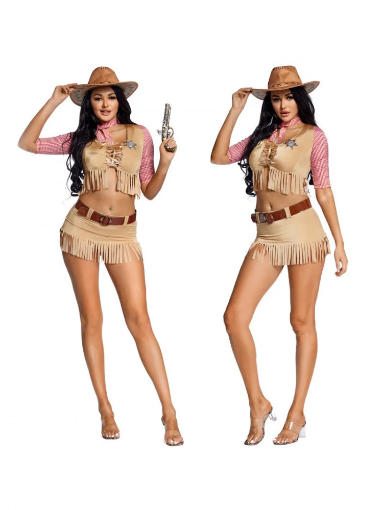 

Halloween Detachable Rope Wrapped Chest Super Short Skirt Western Pioneer Pioneer Cowboy Cosplay Costume Women's Fashion