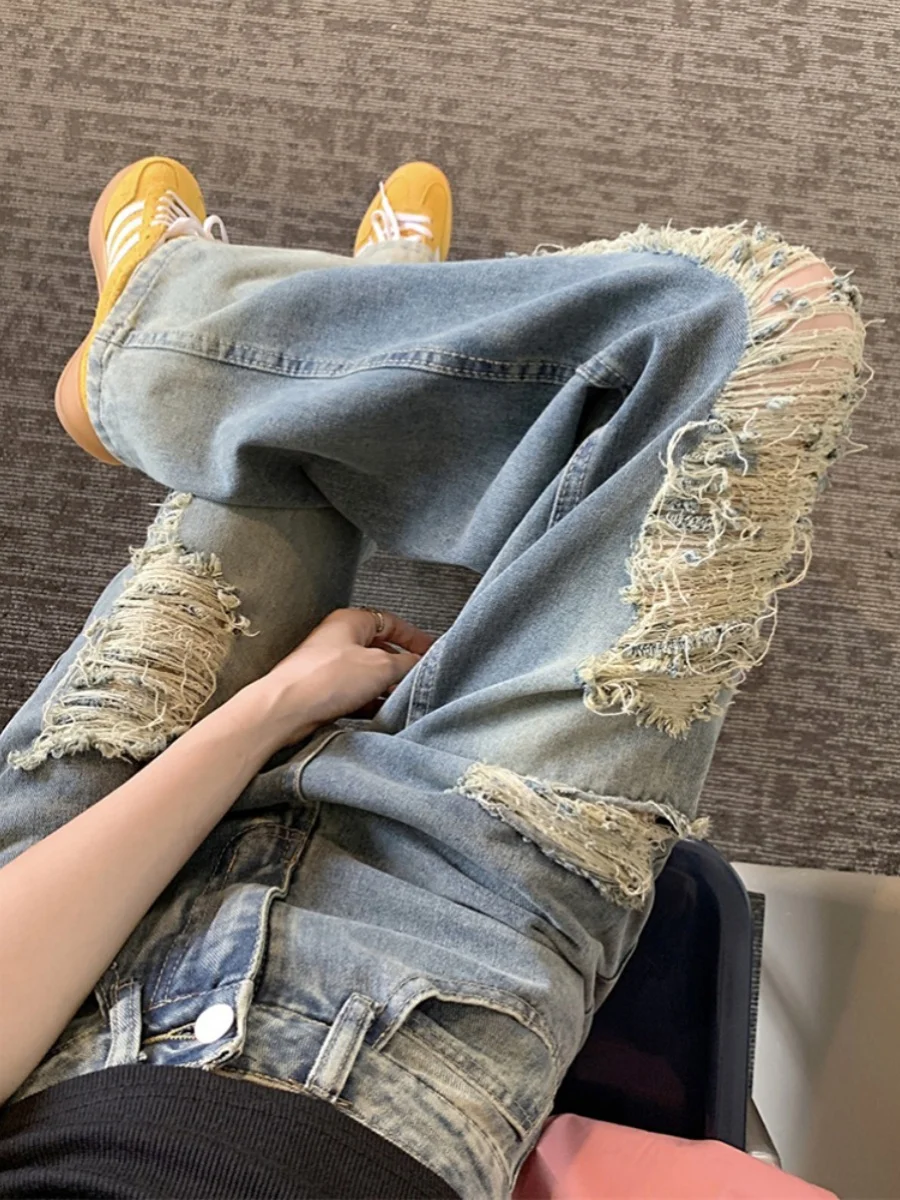 กางเกงยีนส์ทรงขาบานสไตล์อเมริกันเรโทรสีน้ำเงิน รุ่นใหม่ประจำฤดูร้อนปี 2024 เอวสูง ทรงตรง ยาวคลุมเท้า สไตล์ไฮสตรีท