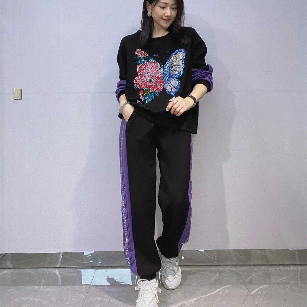 

Комплекты из двух предметов с бабочками и бриллиантами, женские наряды, осенняя одежда, модный лоскутный спортивный костюм, повседневные свободные брючные костюмы в полоску по бокам