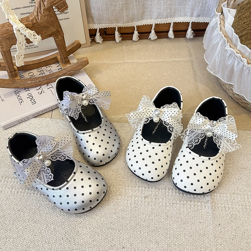 Children Leather Shoes Lace Bow Toddler Polka Dot Mary Jane Shoes for Girls Wedding Party School Kids Fashion Dress Flat Shoes