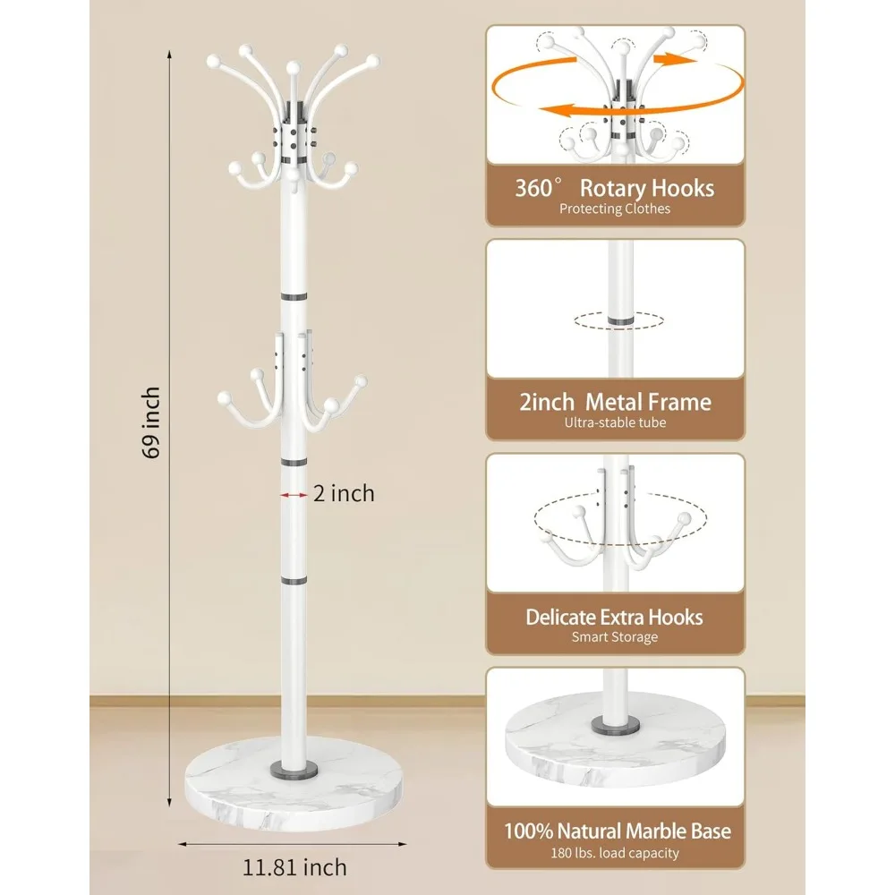 360 °   رف معطف معدني دوار بقاعدة من الرخام الطبيعي، ورف معطف أبيض قائم بذاته وخطافات، وتصميم حديث لمدخل المنزل