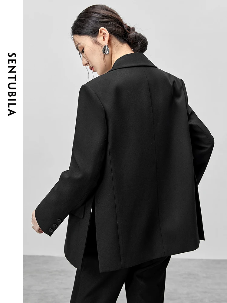 SENTUBILA Classic Black Single Button Blazer for Women 2024 Autumn Loose Split-hem Office Work Business Women Clothing 143X55915