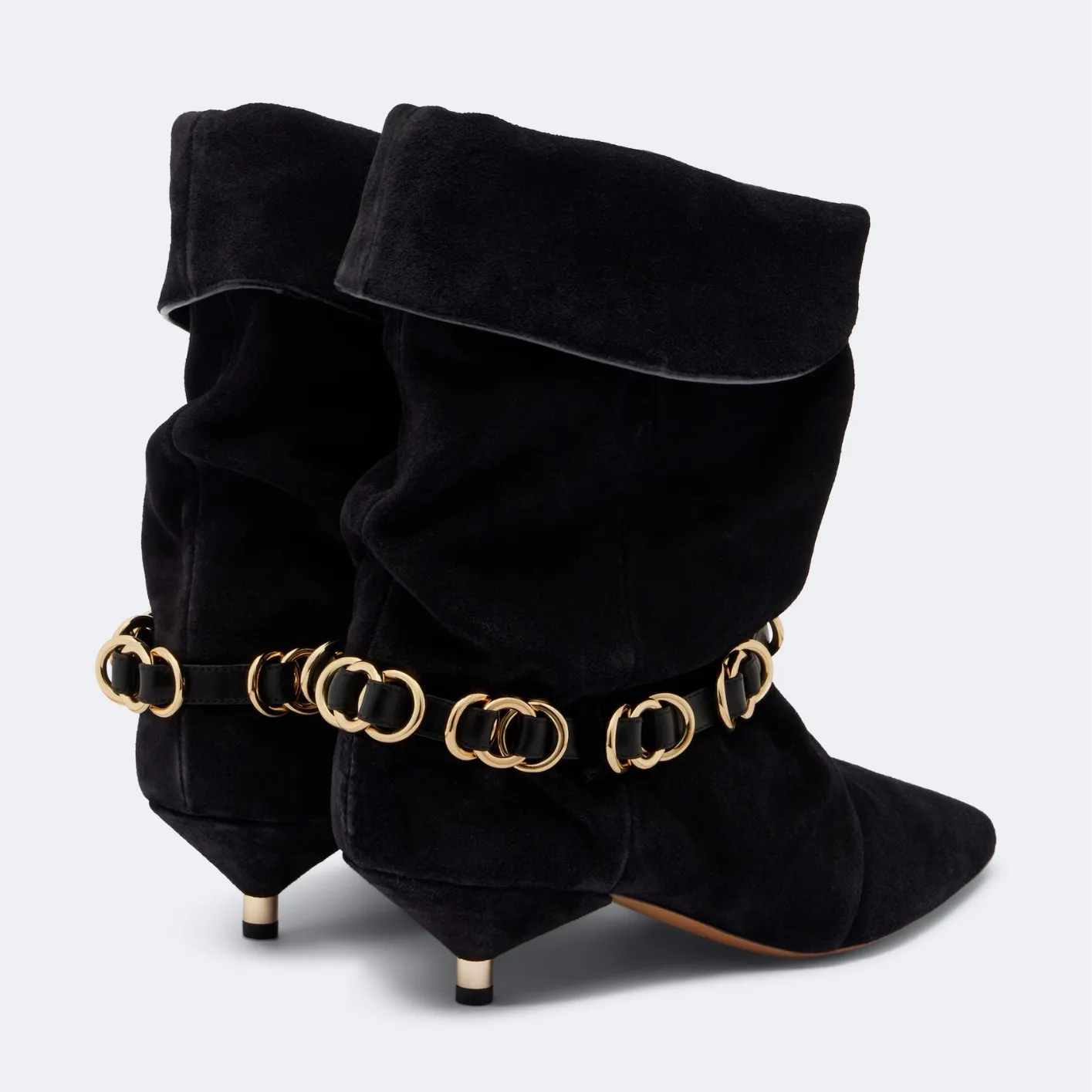 Soft Suede Short Boots Designer Sexy Pump Women Pointed Toe Cuffed Shaft Decorative Metal Chain Straps Thin Heel Daily Footwear