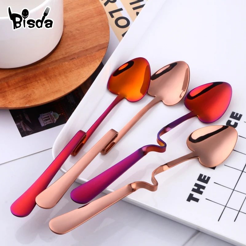 

4PCS Coffee Spoon Honey Shape Creative Tea/Coffee Cup Hanging Spoons Set Gold Stainless Steel Rose Gold Heart Teaspoon Tableware