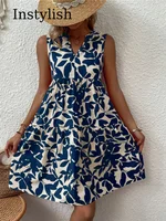 Women Boho Print Mini Dress Summer Elegant Sleeveless V Neck Ruffle A Line Tank Dress Casual Loose Oversize Beach Party Sundress - Image 2