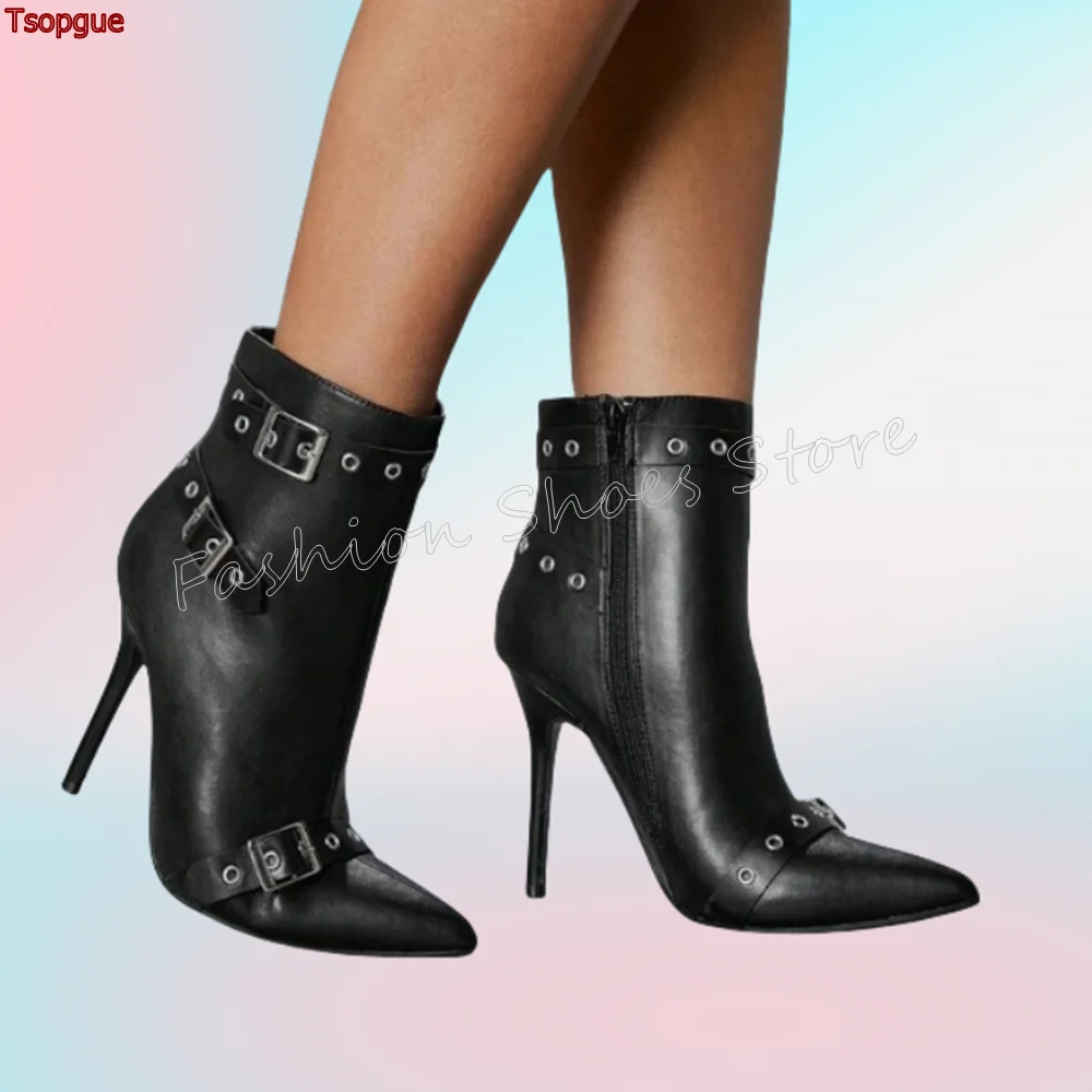 Black Side Zipper Buckle Decor Boots Pointed Toe Thin High Heels High Heel Shoes for Women Heels 2024 New Zapatos Para Mujere