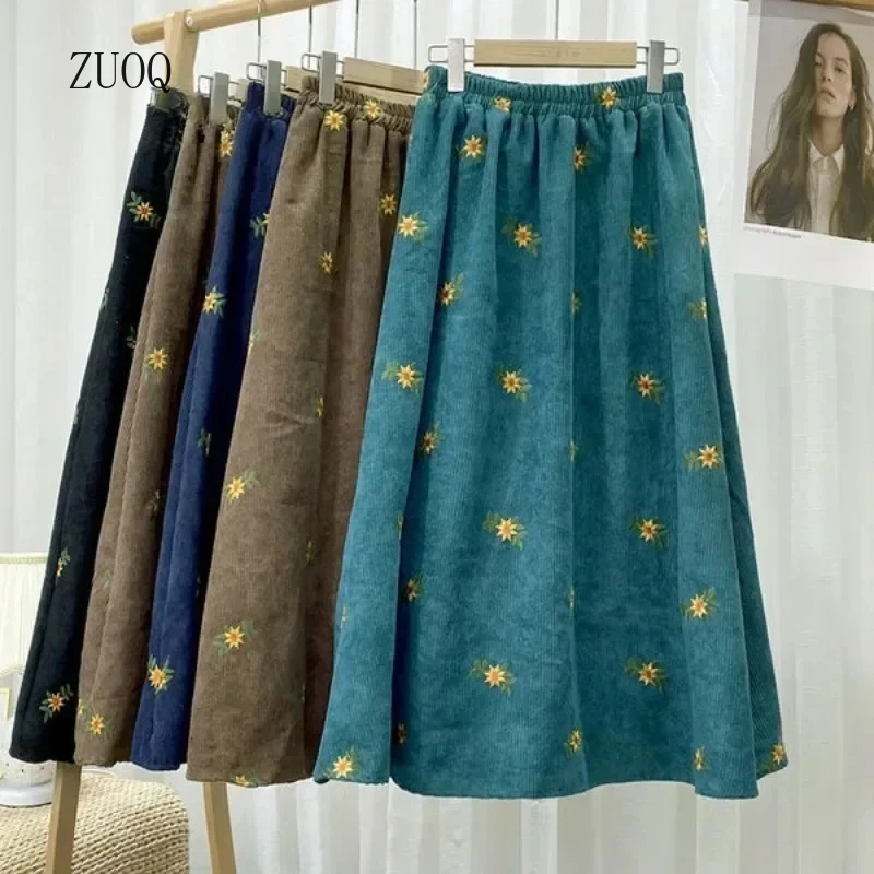 

2025 Corduroy Skirt Women Autumn Winter New Floral Embroidery Skirts Woman High Waist Mid-calf Skirts for Female