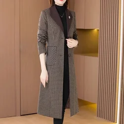 2024 Autumn New High End Mom Plaid Suit Woolen Trench Coat Women Korean Covering Meat Crotch Slim Knee Length Mid Length Coat