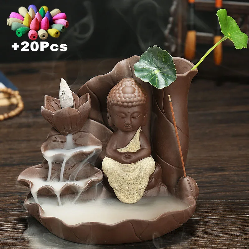With Cones Purple Sand Handicraft Buddha Backflow Incense Stick Holder Ceramic Censer Tea Pet