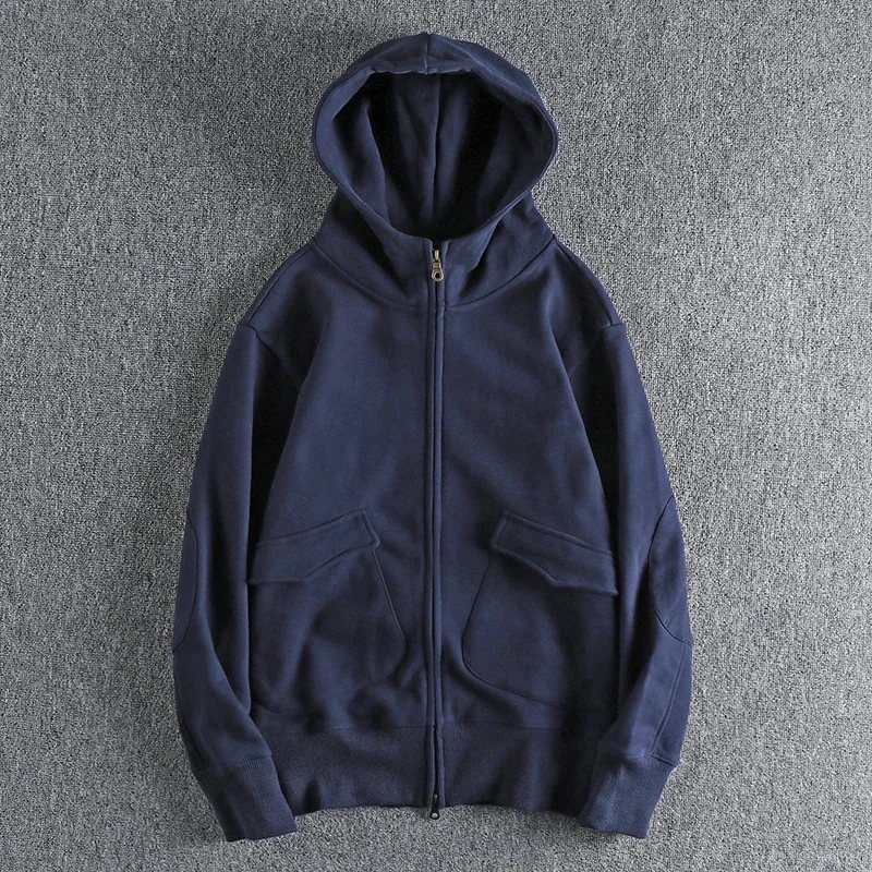 Sweater cardigan jacket male niche original design autumn and winter plus velvet padded heavy retro hooded