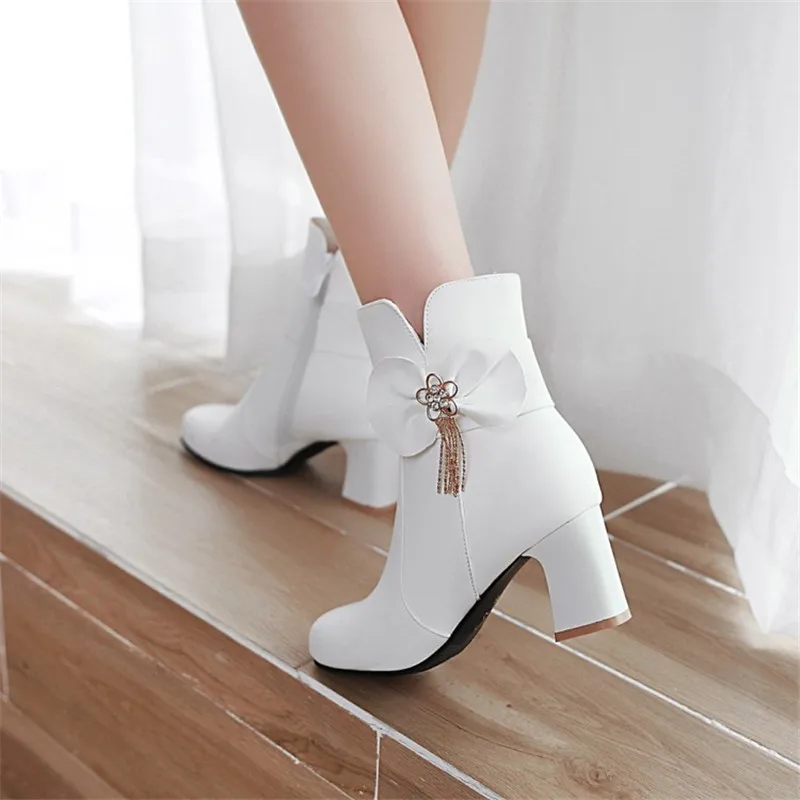 Autumn Winter Women Boots Sweet Bow Women Comfort Ankle Boots High Heel Shoes Girls Princess Black White Pink Party Shoes 32-43