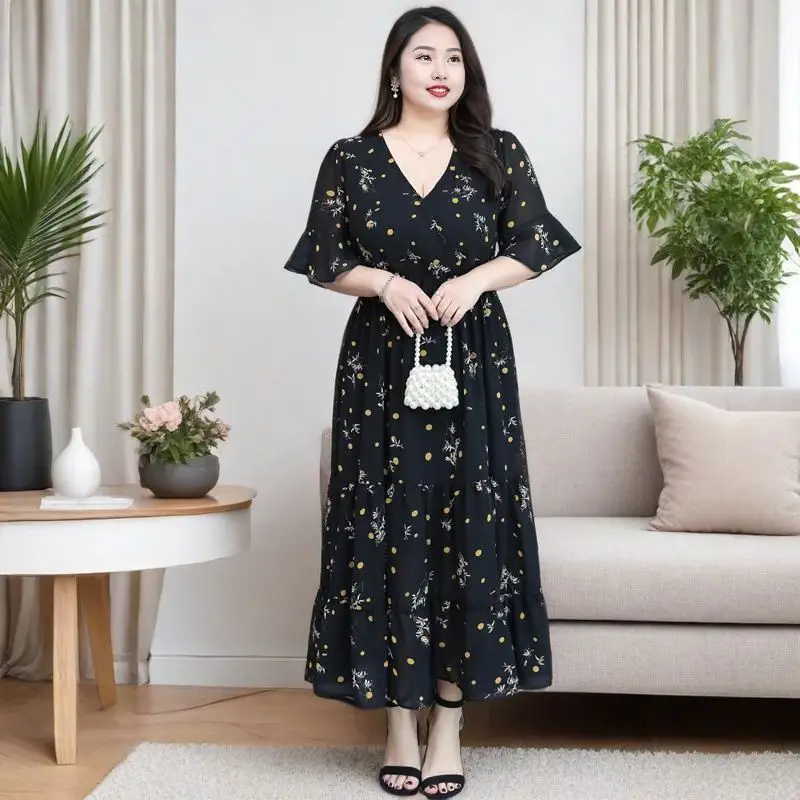 

8XL Tummy Control Chiffon Dress Plus Size Floral Print Wrap Waist Summer Maxi French Flair Curve Flattering Wedding Guest Outfit