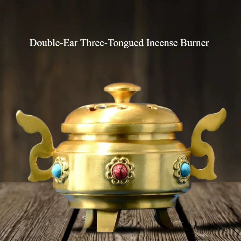 200g Alloy Double Ear Three Legged Incense Burner Household/temple Worship Study Rooms Meditation Design Recessed Carved Cover