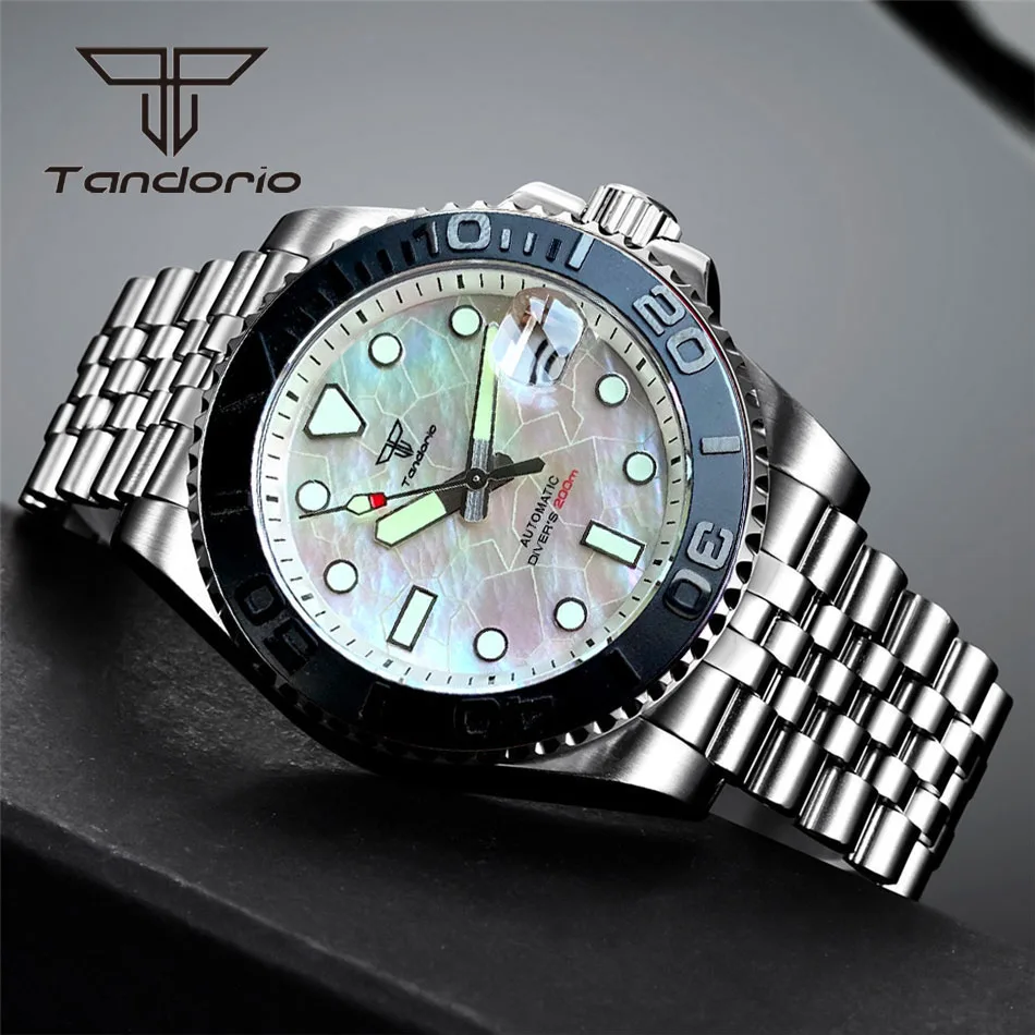 Tandorio 40mm Stainless Steel NH35A Dress 200m Automatic Men\'s Diving Watch White MOP Dial Date Sapphire Rotating Bezel Luminous