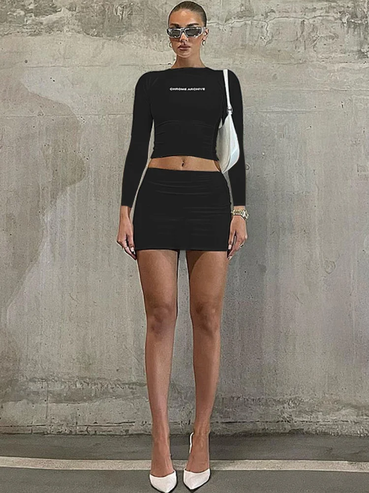 

Solid Two Piece Sets Womens Outfits Long Sleeve Crop Top Mini Skirt Slim Fit Ensembles De Jupes Letter Print Conjunto Femenino