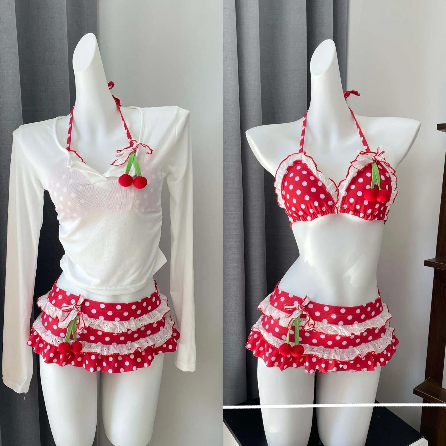

Sweet Cherry Polka Dot Bikini Set Long-Sleeve Sheer Cover Up Women Halter Neck Ruffled Bottoms Beach Vacation Swimwear Summer
