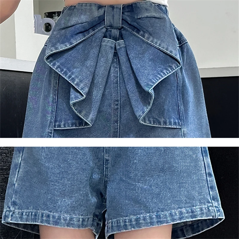 Stylish Kids Girl Summer Denim Shorts with Bow on the Back Tweens Child High Fashion Mini Jeans Shorts 5 6 7 8 9 10 11 12 13 14Y
