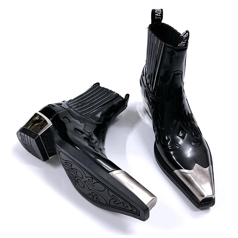 Retro punk metal toe Chelsea boots for men pointed rivet men's shoes Western cowboy style Motorcycle man's boots Zapatos Hombre
