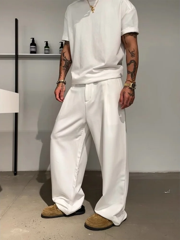 

Белые повседневные брюки для мужчин: свободные, широкие, из немнущейся ткани, струящиеся, для работы и отдыха, молодежные, летние, модные