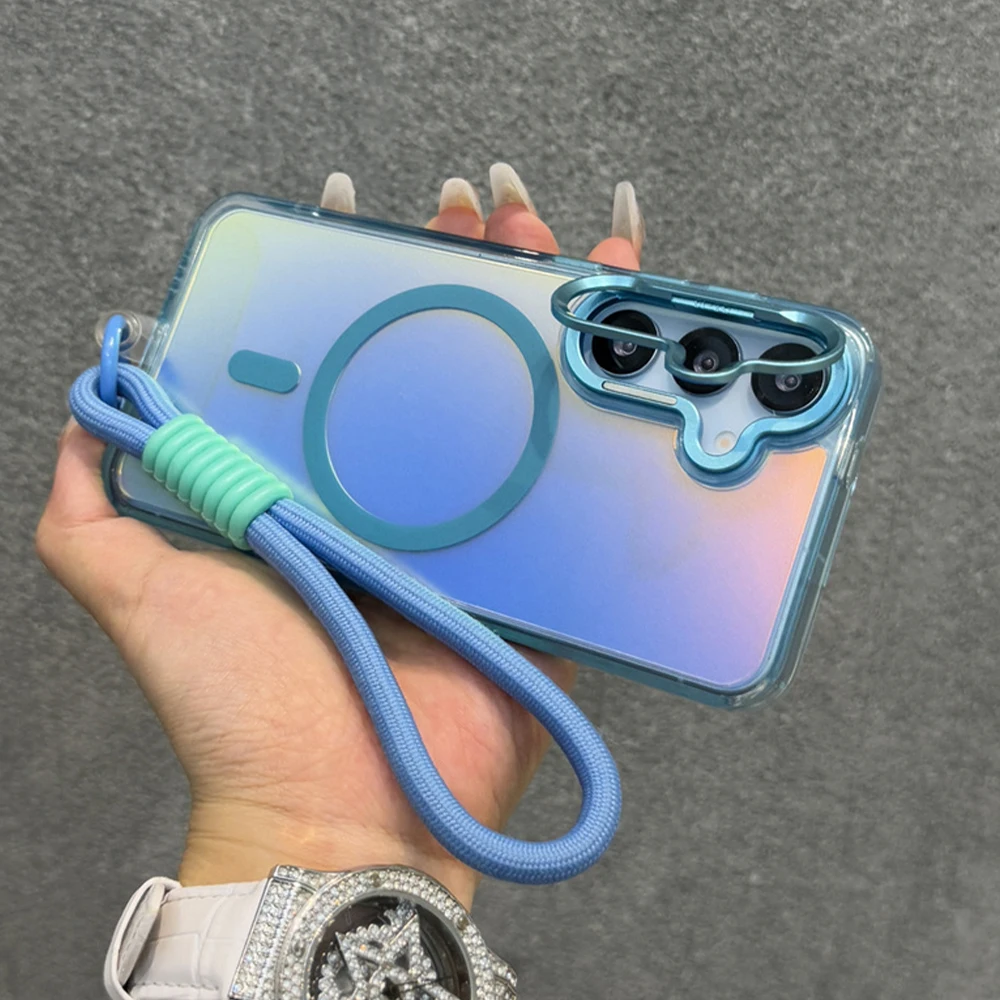 Luxuriöse Handyhülle aus Laser-Frost-Acryl mit Lanyard für Samsung S26 S25 Ultra S24 S23 S22 Plus, mit Klappständer für MagSafe-Abdeckung