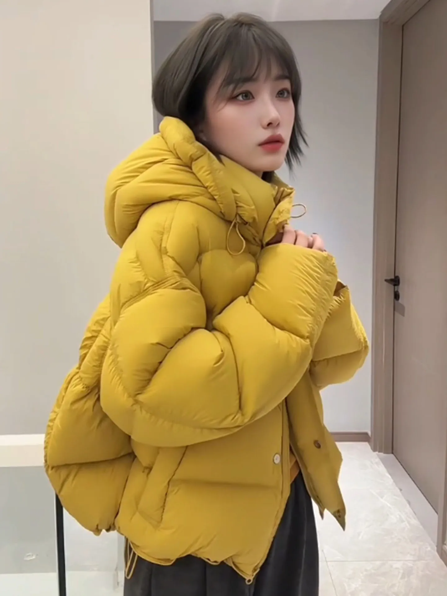 

Faionable Yellow ort Puffer Jaet Женское зимнее Thiened Bread Sle Теплая верхняя одежда Стеганое пальто с капюшоном стандартного кроя