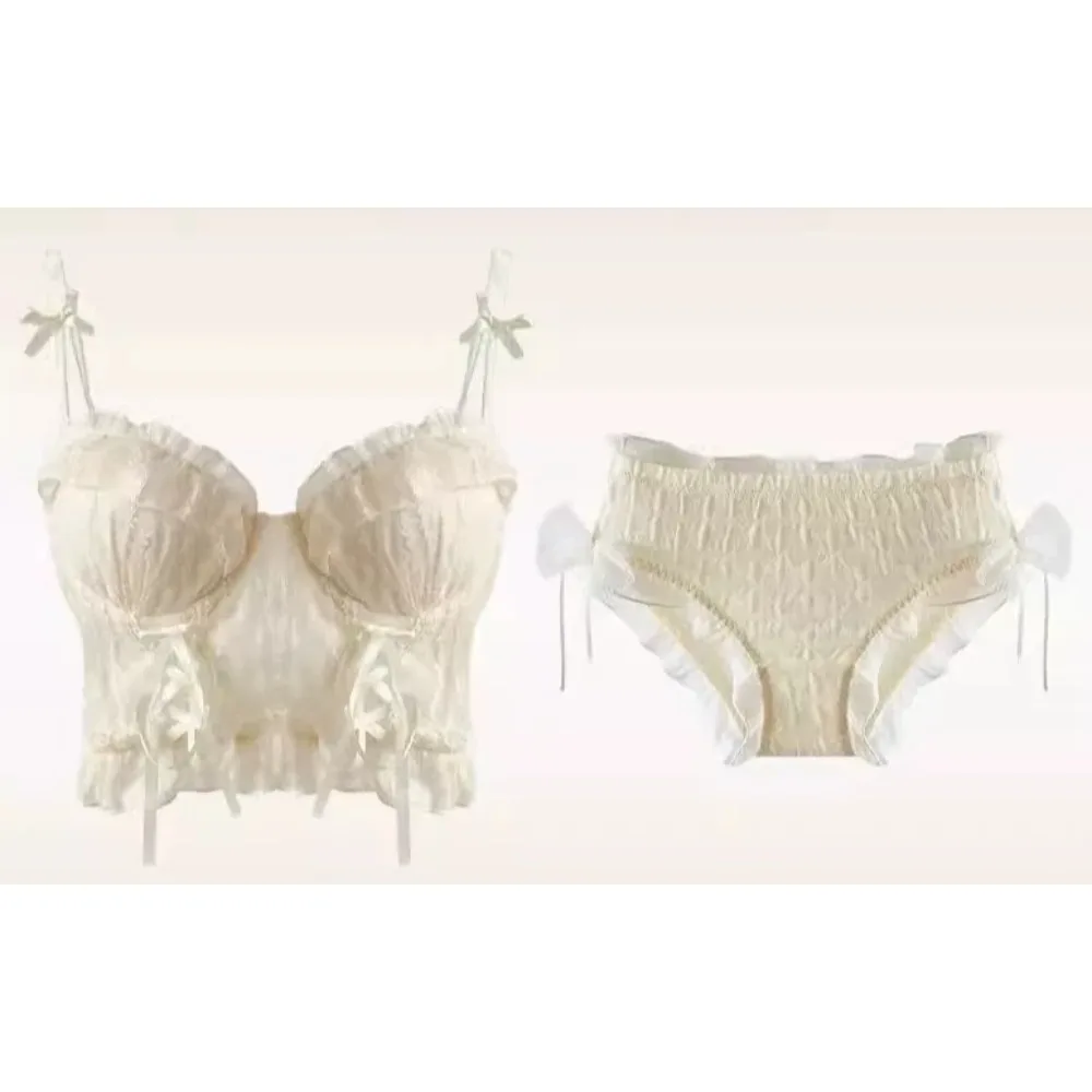 BANERDANNI Women Sweet Lace Lingerie Set Small Bust Push Up Ruffle Mesh Cross Strap Bandage Sexy Pure Desire Bra Panty Kit 32‑38