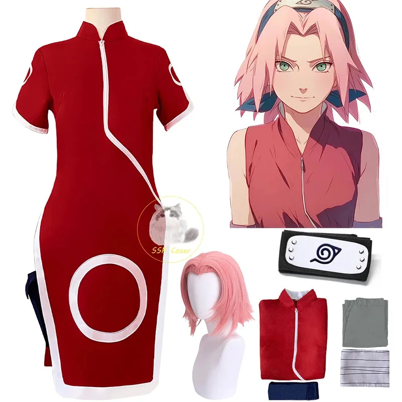 

Bilibili Haruno Sakura Cosplay Costume Anime Sakura Dress Ninja Cartoon Uniform Outfit Sakura Wig Halloween Carnival Costume