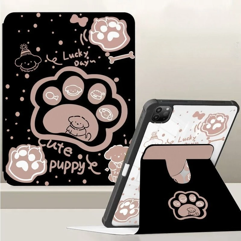 Cute Puppy Black Pink Paw IPad Acrylic Case for IPad Air7 Air6 10th 11in 11th A16 Air4/5 6th 9.7in 360° Rotate Shockproof Cover