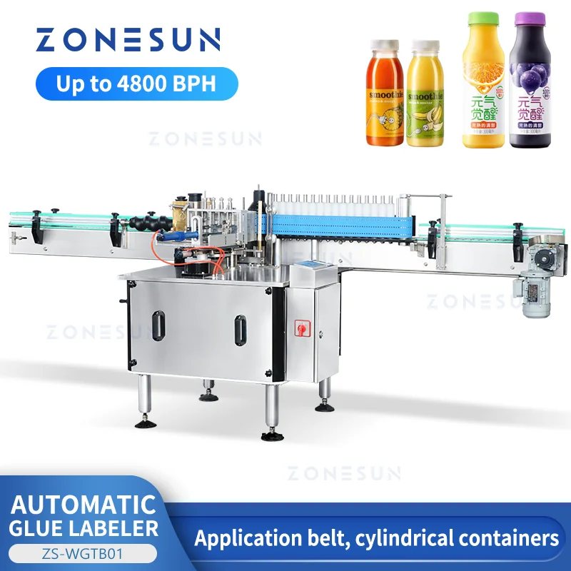 ZONESUN Automatic Wet Glue Bottle Labeling Machine Wrap Around Label Pasting Beer Wine Vinegar Round Bottles ZS-WGTB01