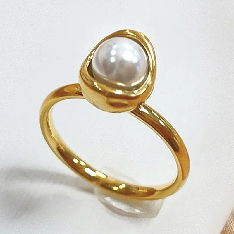 2024 New Natural Freshwater Pearl Rings For Women Stainless Steel Tarnish Free Gold Color Baroque Pearl Ring